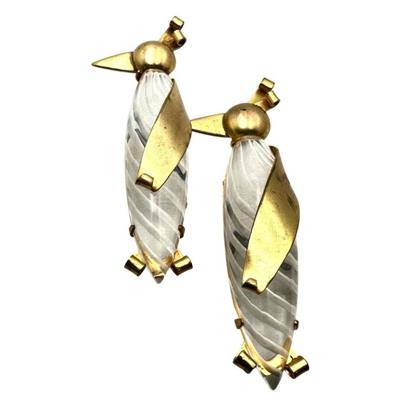Vintage 1940s Era Pair of Jelly Belly Lucite Gold Tone Penguin Bird Brooches - Picture 5 of 7
